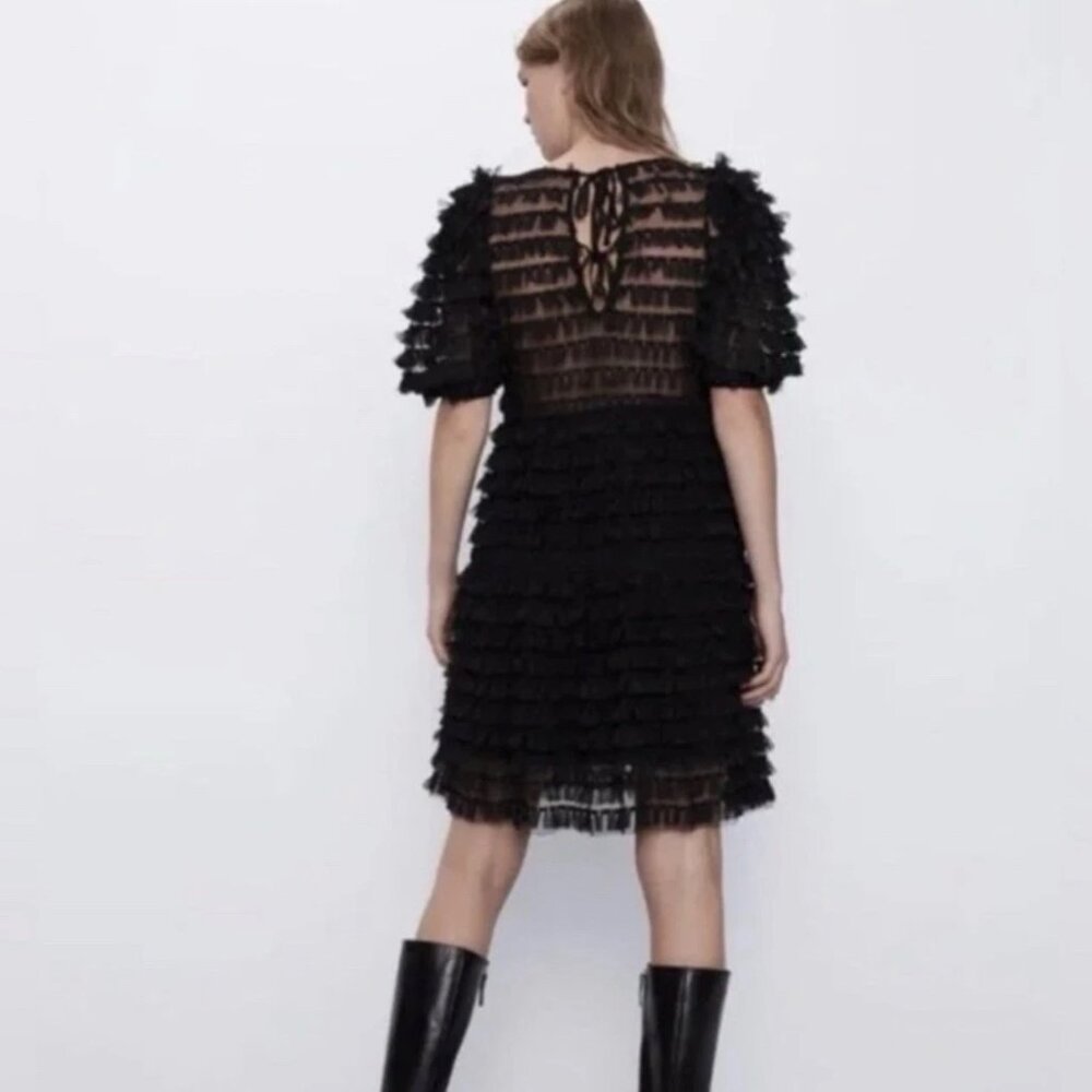 ✨ NWT Zara Black Tulle Fringe Mini Dress Small Puff Sleeve Ruffle 🖤 - Picture 4 of 16